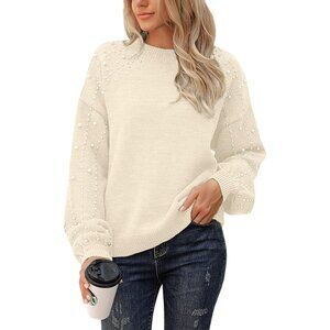 Trendy Women's Lantern Sleeve Pullover - Oversized Knit Sweater with Pearls